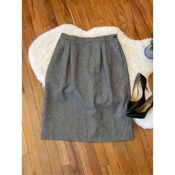 Vintage 80s Leslie Fay Wool Blend Houndstooth Black/white Midi Skirt - Picture 1 of 5